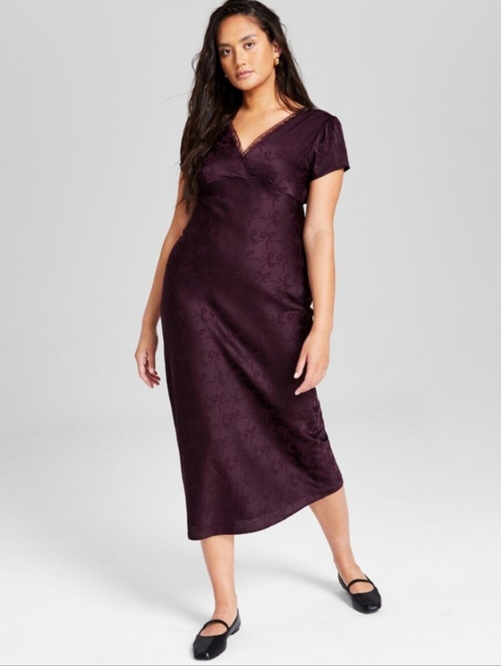 Nwot 2X And Now This Satin Maxi Dress with Lace-Trim V-Neck in Deep Plum